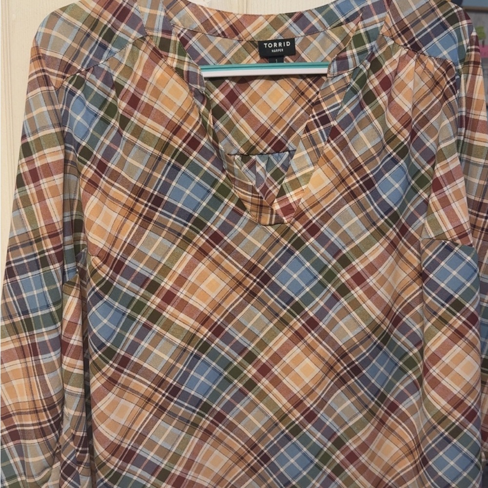 Torrid Blue and Brown Plaid Women's Blouse Lightweight & breezy. Size 1 (14-16)